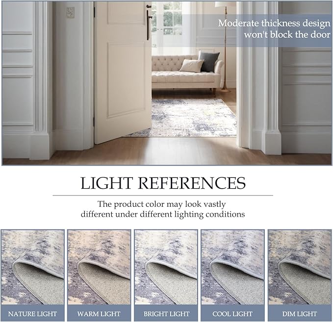 Washable Area Rugs 6ft Non-Slip Modern Abstract Soft for Living Room Entryway Bedroom Nursery, Print Pattern, Purple Grey Cream Yellow