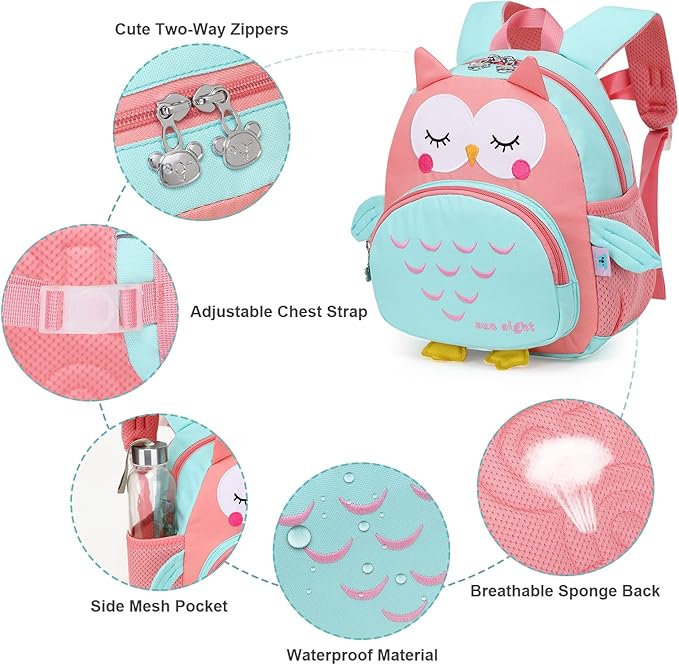 SUN EIGHT Preschool Backpack Toddler for Girls Animal Waterproof Kids Backpack 3D Cartoon School Bag for Baby Girl Boy 1-5 Years（Cute Owl）