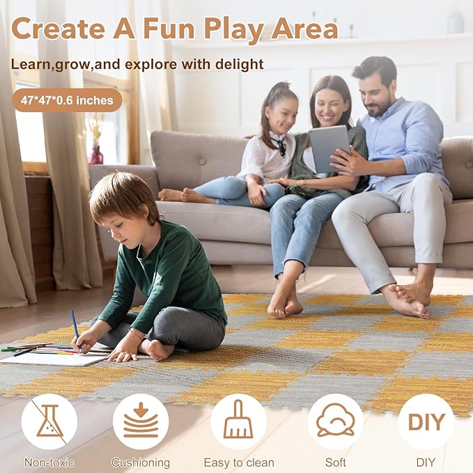 Skyweaver 12 Tiles Soft Non-Toxic Baby Play Mat for Floor EVA Foam Jigsaw Puzzle Play Mat, Interlocking Squares with 0.6inch for Babies, Toddlers & Kids Gym, Nursery, Playroom, Light Brown