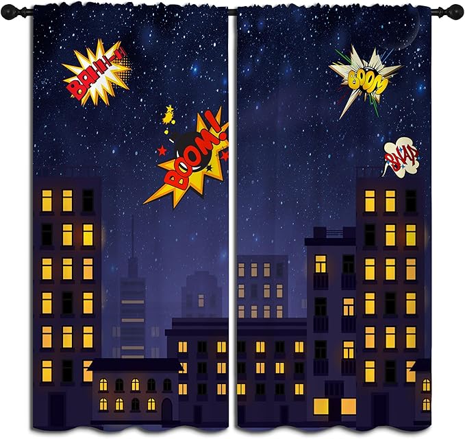 Super Hero Rod Pocket Blackout Curtains for Boy Girl Bedroom, Exploding City Starry Cartoon Skyline Home Energy Efficient Light Filtering Window Curtain for Living Room, 63x63 inch