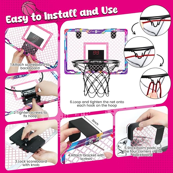 LovesTown Mini Indoor Basketball Hoop for Kids, Pink Basketball Hoops Over The Door with LED Lighting - 4 Balls - DIY Stickers, Great for Home, Dorms, Offices, and Gifts for Girls
