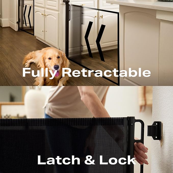 Cumbor 2-Pack Retractable Baby Gates for Stairs, 55" Wide Soft Mesh Pet Gate for Dogs with One Hand Opening, 34" Tall Toddler Gate with Top Lock for Bedroom, Doorways, Indoor/Outdoor, Black