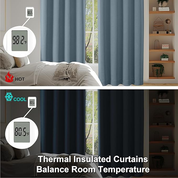 Simplebrand Ava Stone Blue Blackout Curtains for Bedroom 84 Inch Length 2 Panels Set, Solid Thermal Insulated Privacy Living Room Window Treatment Curtains Blackout Drapes, W40 x L84 Inch, Stone Blue