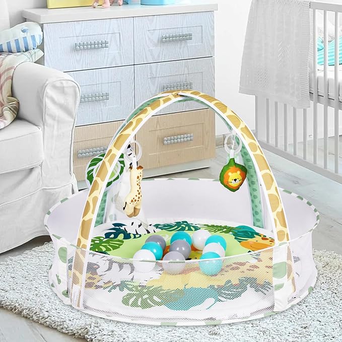 Baby Play Mat, 4-in-1 Baby Play Gym Tummy Time Mat with Ball Pit and 5 Detachable Toys for Newborn to Develop Sensory Exploration and Motor Skill 0-6-12 Months