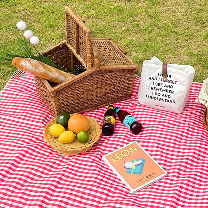 Cute Gingham Picnic Blanket, Waterproof Foldable, in Large 80x60in and Extra Large 80x80in, Portable Compact Beach Blanket, Oversized XL Outdoor Mat (Red, X-Large)