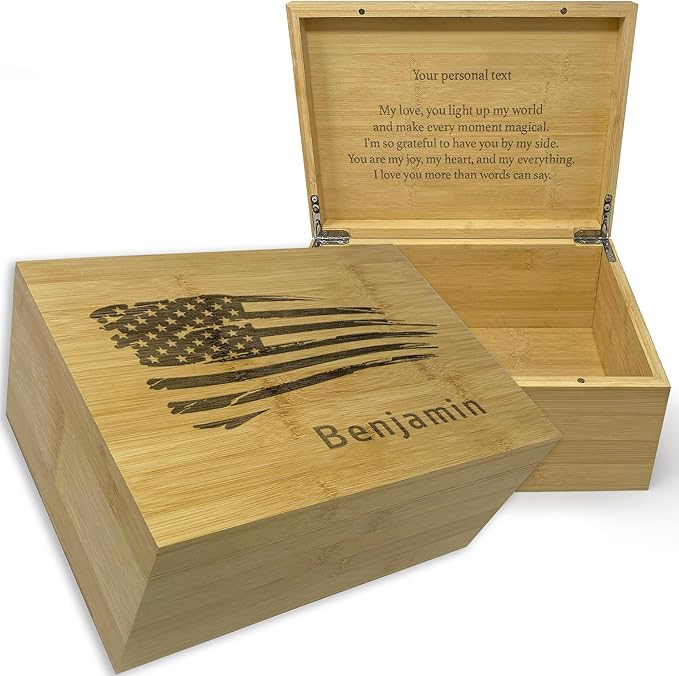 Personalized American Flag Gift Box - Engraved Memory Box, 5 Year Anniversary Wedding Gift for Men, Boyfriend, Bamboo Wood Decorative Chest, Keepsake Boxes with Custom Hidden Message, 11x8x4.75 in