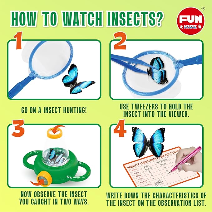 Science Kid Bug Catcher Kit, FunKidz Outdoor Activities Gift Butterfly Bug Habitat with Magnified Viewer Bug Catching Kit for Boys 3-12 Includes Net Catcher, Tweezers, Record Lists