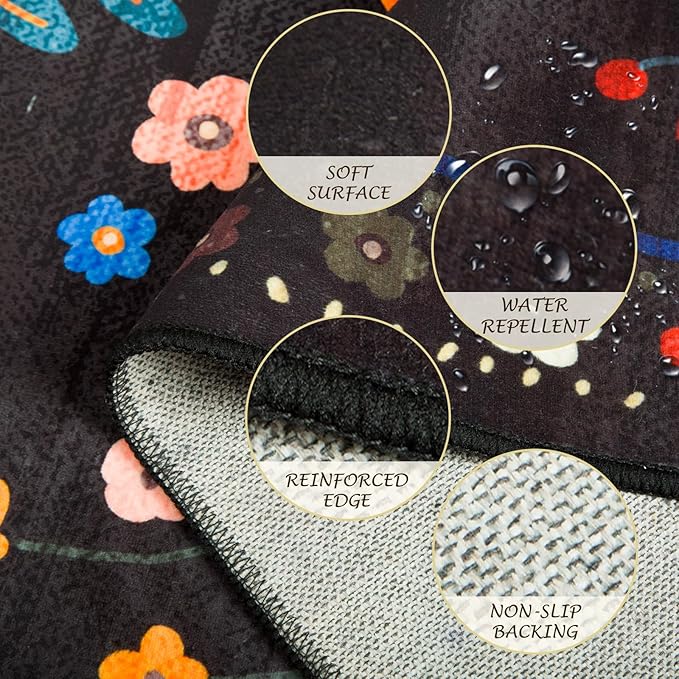 Floral 9x12 Area Rug Machine Washable Soft Print Boho Carpet Non Slip Doormat Low Pile Flower Area Rugs for Living Room Bedroom Nursery Kitchen Dining Room Indoor-Black