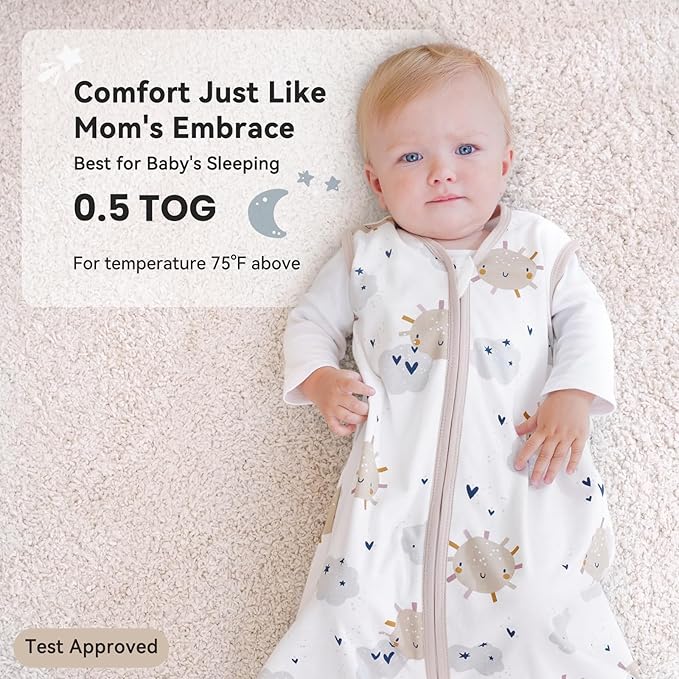 Baby Sleep Sack 18-24 Months 0.5 Tog Wearable Blanket Baby, 3 Pack 100% Cotton Lightweight Sleeping Sack with 2-Way Zipper for Infant Toddler Apricot White Sun Clouds