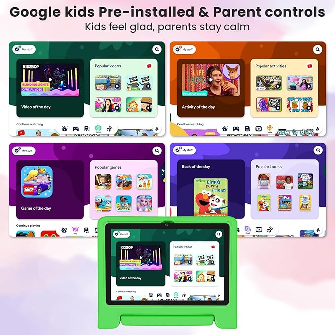 Kids Tablet 10.1 inch Android 14 Octa-Core 64GB 6000mAh Kids Space Parental Control 1280 * 800 HD Touchscreen Shockproof Case Dual Camera Gift for Toddler Children (Green)