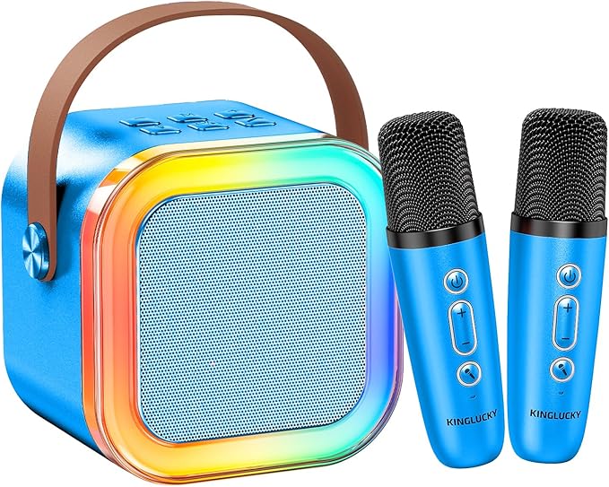 Kinglucky Mini Karaoke Machine for Kids, 2025 TOP Birthday Gifts Ideas for 3-12 Year Old Girls, Christmas Party Gifts Kids' Personal Video Players Accessories with 2 Wireless Microphones - Gold Blue