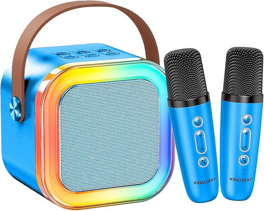 Kinglucky Mini Karaoke Machine for Kids, 2025 TOP Birthday Gifts Ideas for 3-12 Year Old Girls, Christmas Party Gifts Kids' Personal Video Players Accessories with 2 Wireless Microphones - Gold Blue