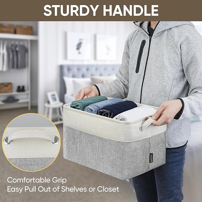 BALEINE 2 Pack Fabric Storage Bins for Shelves, Linen Storage Baskets for Organizing, Decorative Closet Bins for Clothes, Home (Grey, 15"x11"x9.5")