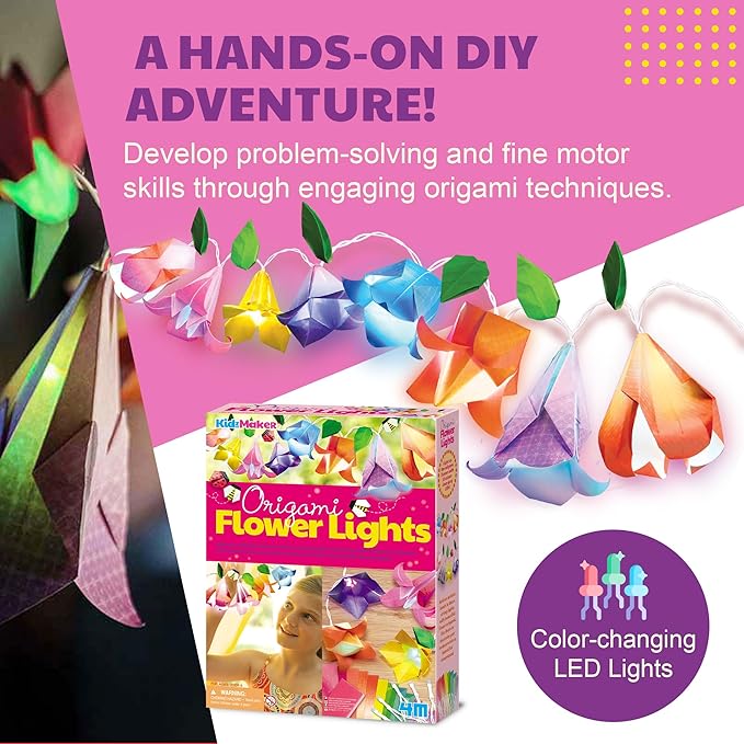 KidzMaker - Origami Flower Lights - DIY Craft Kit for Kids - Make Beautiful Flower-Shaped Origami Paper Kit Lights - Includes Colorful Papers & LED Lights - Fun Creative Activity for Room Decoration