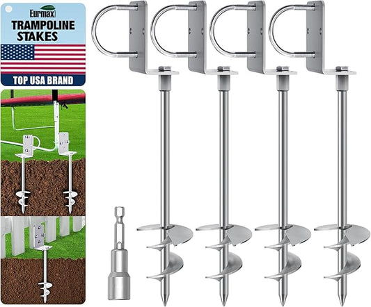 Eurmax USA Ground Anchors Heavy Duty Adjustable L-Shaped Head Shed Tent Stakes Trampoline Anchors, Trampoline Stakes for Sheds,Swing Sets,Mobile Home,Carports Set of 4(Silver)