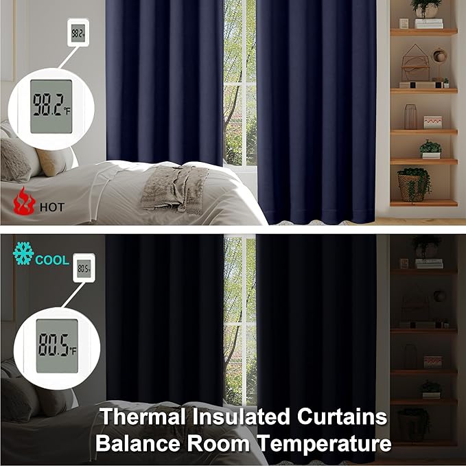 Simplebrand Ava Navy Blue Blackout Extra Long 10ft Curtains for Patio 120 Inches Long 2 Panels Set, Solid Thermal Insulated Energy Saving Rod Pocket Window Treatment Curtains Blackout Drapes, 50Wx120L