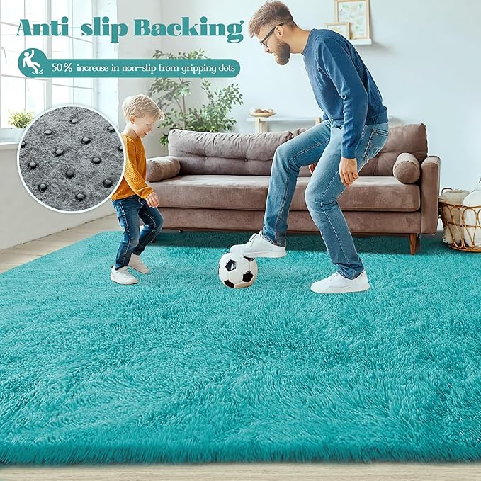 8x10 Area Rug for Living Room: Fluffy Shag Soft Washable Rugs Large Fuzzy Plush Indoor Carpet for Bedroom Nursery Playroom Kids Girls Boys Room (Teal Blue, 8'x10')