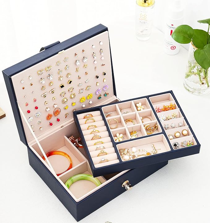 Womens Earring Jewelry Box for Girls Jewelry Earring Organizer Box Earring Holder Organizer for Girls Jewelry Organizer Earring Boxes for Women Girls Stud Earring Organizer Jewelry Box Navy