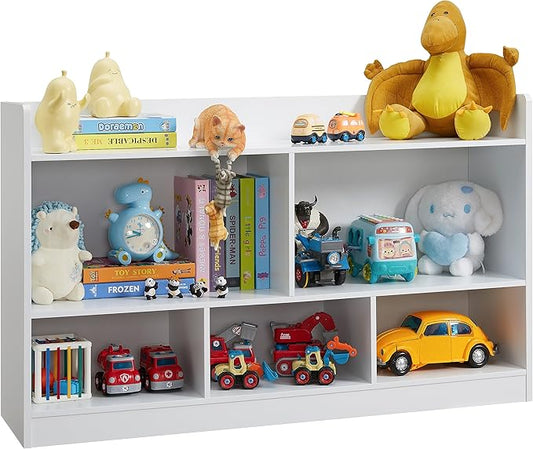Kids Toy Storage Organizer, 5-Section Bookshelf for Organizing Books Toys, Wooden Storage Cabinet Daycare Furniture for School, Classroom Playroom, Nursery, Kindergarten (White)