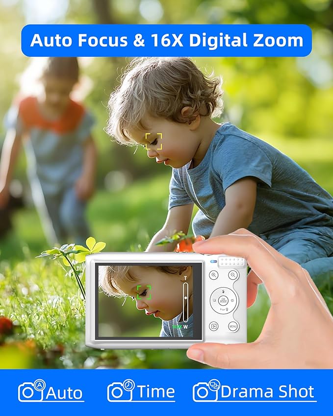 T TAKMLY Digital Camera 5K, Autofocus 16x Zoom 72MP Point and Shoot Cameras Compact Portable with Flash for Kids Boys Girls Teens Students, Anti Shake 2.8'' Screen, 64GB Card Include, White