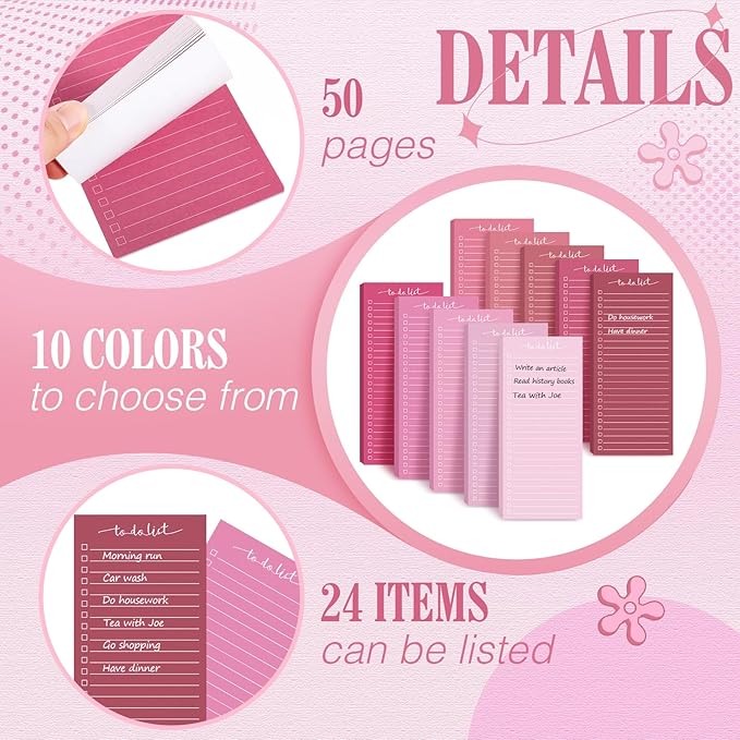 Censen 10 Pack 500 Sheets To Do List Notes Daily Checklist Notepads with 50 Sheets Each Undated Color Memo Pad Block Shopping List Pad Weekly Plan Notepad Organizer Planners (Gradient Pink,Lined)
