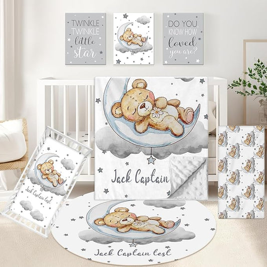 Personalized Crib Set, 5 Pcs Custom Baby Bedding with Name, Double Layer Nursery Bedding for Boy Girl, Soft Moon Bear Bedding Set, Gifts for Toddler, Infant, New Parents