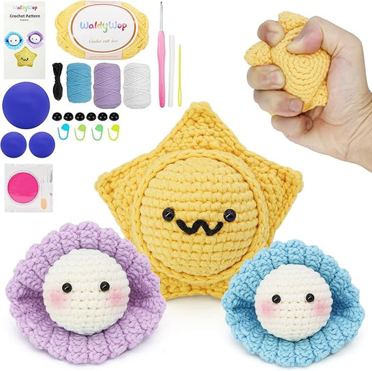 WaldyWop Crochet Kit for Beginners – 3PCS Ocean Friends Wobbles Crochet Animal Kit for Adults & Kids 8-12 – DIY Stress Relief Ball w/ 40% Extra Yarn, Easy Video & Instructions – Gift for Girls & Women