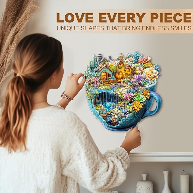 WOODBESTS Wooden Puzzles for Adults, Succulent Mug Wood Puzzles Adult(100 Pieces, S, 8.5 * 8.4in), Unique Shape Wooden Animal Jigsaw Puzzles, Birthday Gifts for Adults Family Game