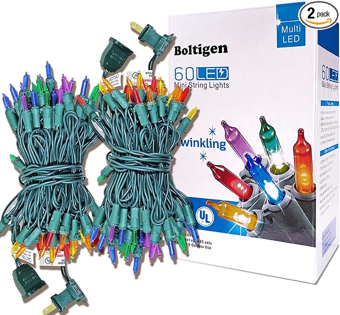 Multicolor Twinkling Christmas String Lights Plug in,2 Pack Each 60 LED,17 of 60 Lights Twinkle,Connect up to 45 Sets,UL Certified 22 Ft Mini Christmas Twinkle Tree Lights,Indoor Outdoor Use