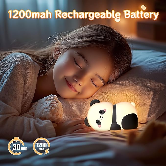Lying Panda Night Light, Cute Baby Light 3 Level Dimmable, Nursery Nightlight for Snoothing, Sleeping Companion, Auto-Off 30Min Timer, Rechargeable Battry Cordless,