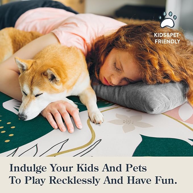 Lahome Washable Rug 5x7 - Rugs for Living Room 5x7 Non-Slip Ultra-Thin Carpet for Bedroom Cute Soft Kids Nursery Rug, Boho Botanical Print Indoor Floor Rug for Entryway Office (5'x7',Green/Pink)