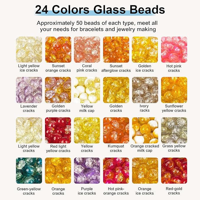 XSEINO About 1200pcs 6mm Crackle Glass Beads Bracelet Making Kit,24 Style Crack Sunshine Yellow Series Colorful Crystal Beads for Jewelry Bracelet Making,DIY Crafts,Friendship Bracelets,Necklaces