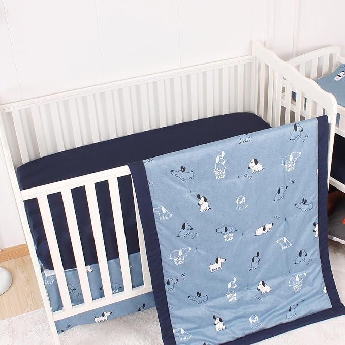CaSaJa Baby 3-Piece Crib Bedding Set for Boys Girls, Including Soft Quilted Comforter(Blanket), Fitted Crib Sheet and Skirt, Soft Nursery Bedding Set Made of Silky Comfy Materials, Good Luck Puppy