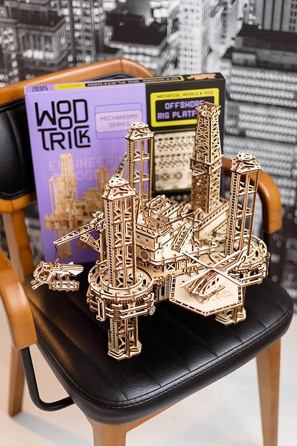 Wood Trick Offshore Rig Platform Wooden 3D Puzzles for Adults and Kids to Build - Interactive Movable Platform - Wooden Models Engineering DIY Project Mechanical 3D Wooden Puzzles Model Kits for Adult
