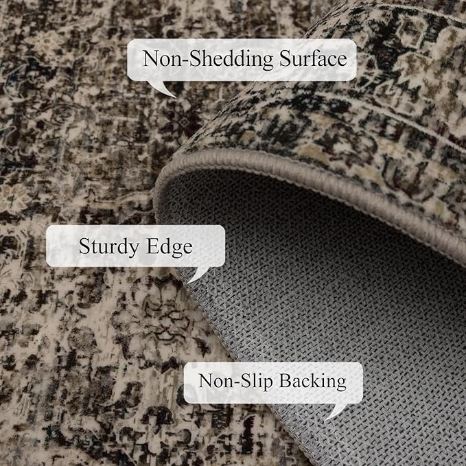 Washable Rugs 5x7 Area Rugs for Living Room, Thin Carpet for Bedroom, Soft Faux Wool Retro Dining Room Rug，Non Slip&Non-Shedding Resistant Low Pile Vintage Print Rug for Home Office (Brown)