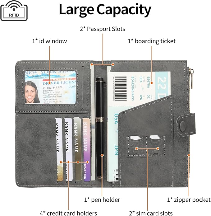 Passport Holder for Travel Rfid Passport Wallet for Women Men with Zipper Pocket Pen Sim Card Holders Slim Travel Accessories