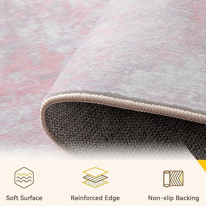 Washable Area Rugs 8'x10' Non-Slip Modern Abstract Soft for Living Room Entryway Bedroom Nursery, Print Pattern, Grey Pink