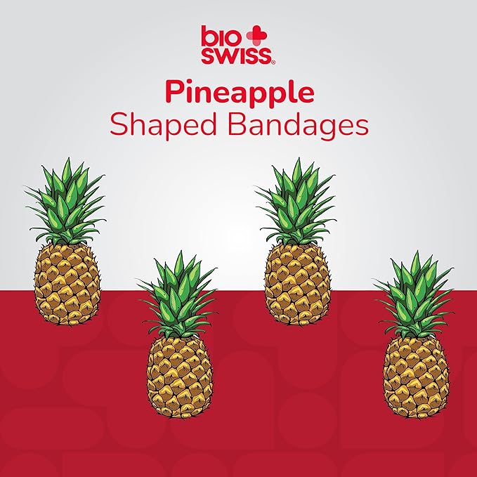 BioSwiss Bandages, Pineapple Shaped Self Adhesive Bandage, Latex Free Sterile Wound Care, Fun First Aid Kit Supplies for Kids, 24 Count