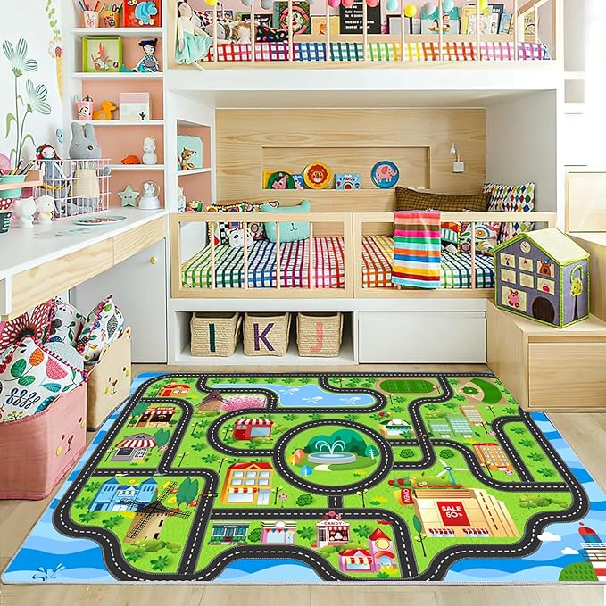 Car Rug,Kids Play Rug with Roads,Playroom Toy Car Rug, Car Track Rug City Map for Bedroom Classroom - (59X39.4 Inches)