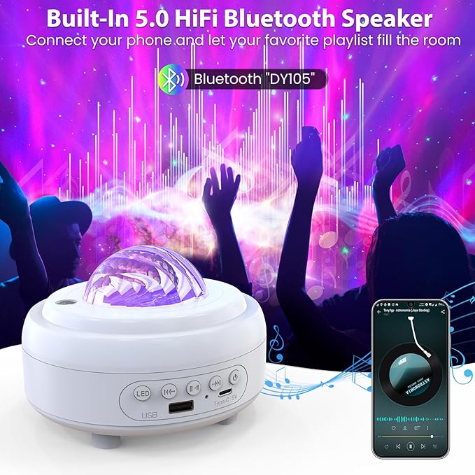 Galaxy Projector with Bluetooth Speaker, Night Light Star Projector for Bedroom, 8 Modes Northern Lights Aurora Projector with Moon, Mood Ambient Lighting for Kids Adults Room, Cord Powered