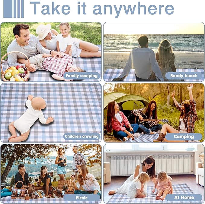 80"x80" Extra Large Waterproof Outdoor Mat - Sandproof Foldable Picnic Blanket for Family Camping, Backyard, Beach Parties - Heavy Duty & Easy Storage (Blue&Gray)