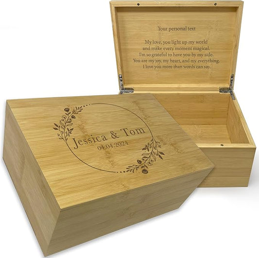 Wedding Memory Box for Keepsakes - Personalized Newly Named Box for Couple, Bride & Broom Gift, Bamboo Wood Custom Wedding Gift Unique, Wooden Gift Anniversary, Engagement Time Capsule, 11x8x4.75 in