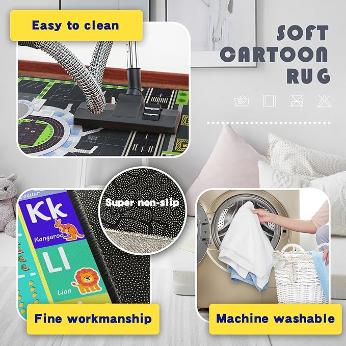 Play Rug for Playroom 59"x39" Airport Carpet for Kids Bedroom with Combined City Road Traffic System Aircraft Runway Playmat Rugs Carpet Non-Slip Washable Area Mat