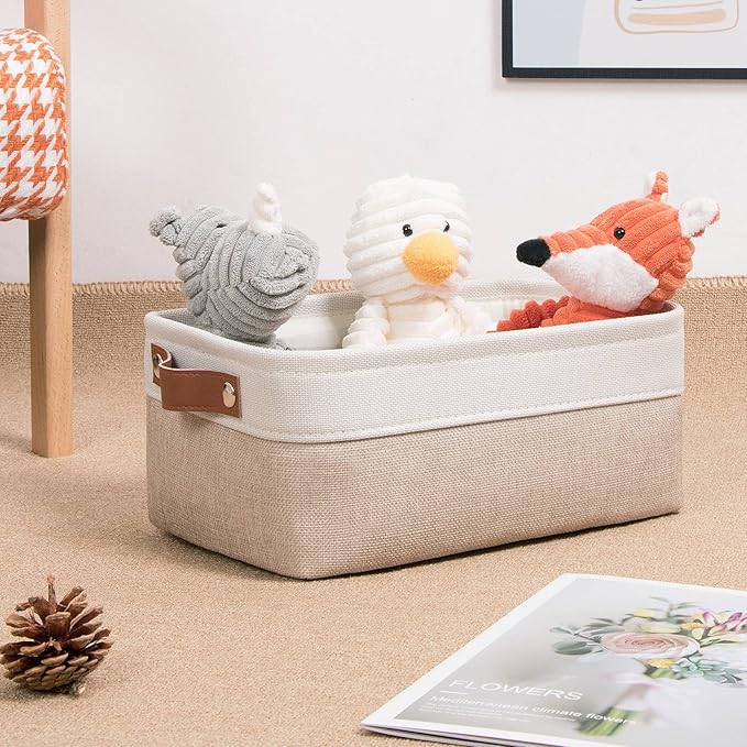 DULLEMELO Small Storage Bins, Storage Baskets for Organizing, Collapsible Rectangular Fabric Baskets for Shelves, Closets, Nursery, Home, Office, Empty Gift Baskets (6-Pack, White&Khaki)