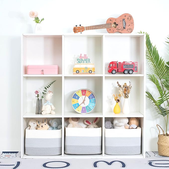 MINTWOOD Design 3-Pack Storage Baskets for Shelves, Playroom and Classroom, Book Basket, Decorative Storage Cube Bins, Woven Closet Organizers, Pantry and Shoe Organizer, 3-Tone Grey