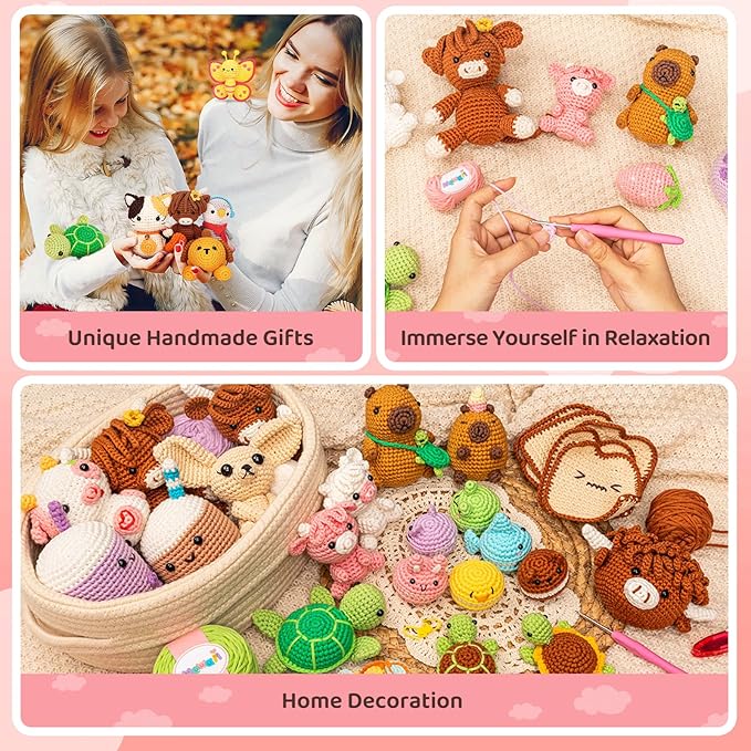 Mewaii Crochet Kit for Beginners Level 1 with 40% Extra Eco-Friendly Pre-Started Easy Yarn, Step-by-Step Video Tutorials for Adults and Kids (Sitting Bunny)