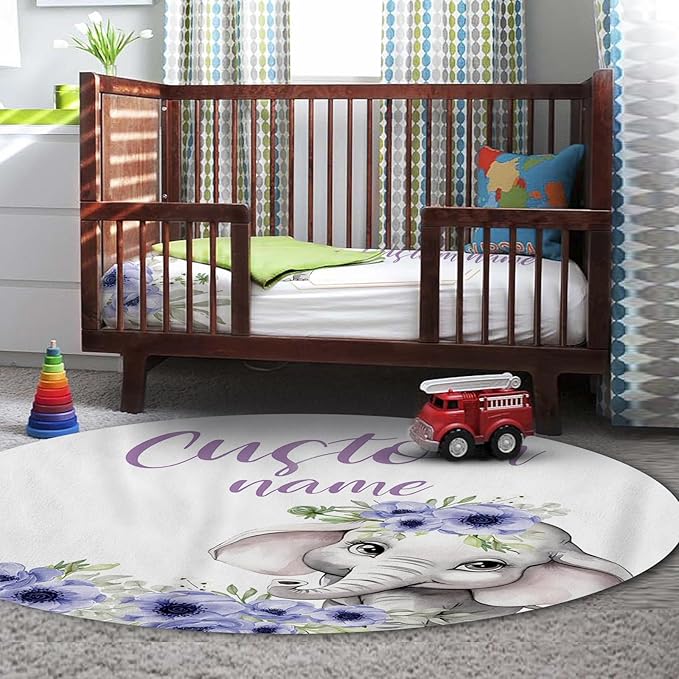 Personalized Baby Crib Bedding Set for Baby Girls, Purple Flower Pattern Elephant Theme Custom Name Baby Crib Sets 5-Pcs, Toddler Double Layer Blanket Fitted Sheets Changing Pad Cover Rug Wall Art Set