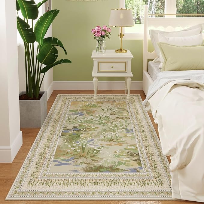 4x6 Rug for Bedroom Impressionist-Style Vintage Washable Rugs Non Slip Low Pile Small Carpet for Bedside Kids Room Office Dining Room, Beige