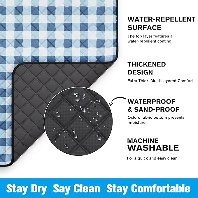 TigeJoy Extra Large Picnic Blanket Waterproof Foldable 80''x80'', Outdoor Picnic Mat Beach Blanket Sandproof for Park, Grass, Travel, Hiking, Camping Essentials, Gingham Picnic Blanket