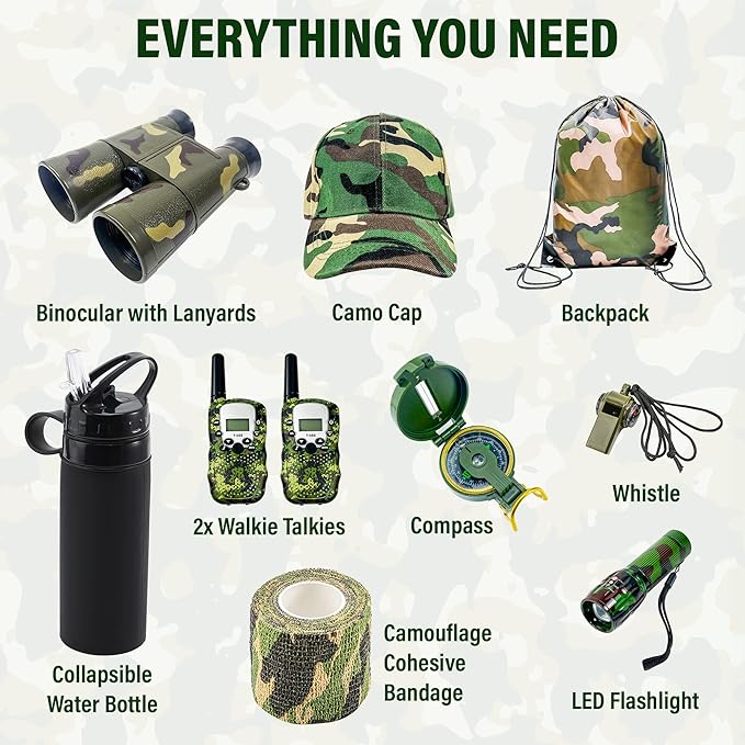 Outdoor Adventure Kit for Kids – Premium Camouflage Camping Gear with Walkie-Talkies – Military Style Toys – 10 in 1 Bundle – Ideal for All Ages and Genders (Junior Ranger)